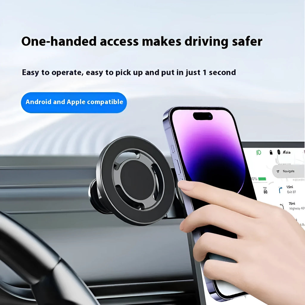 Aluminium alloy magnetic car phone holder in titanium grey for dashboard mounting with 360° rotation
