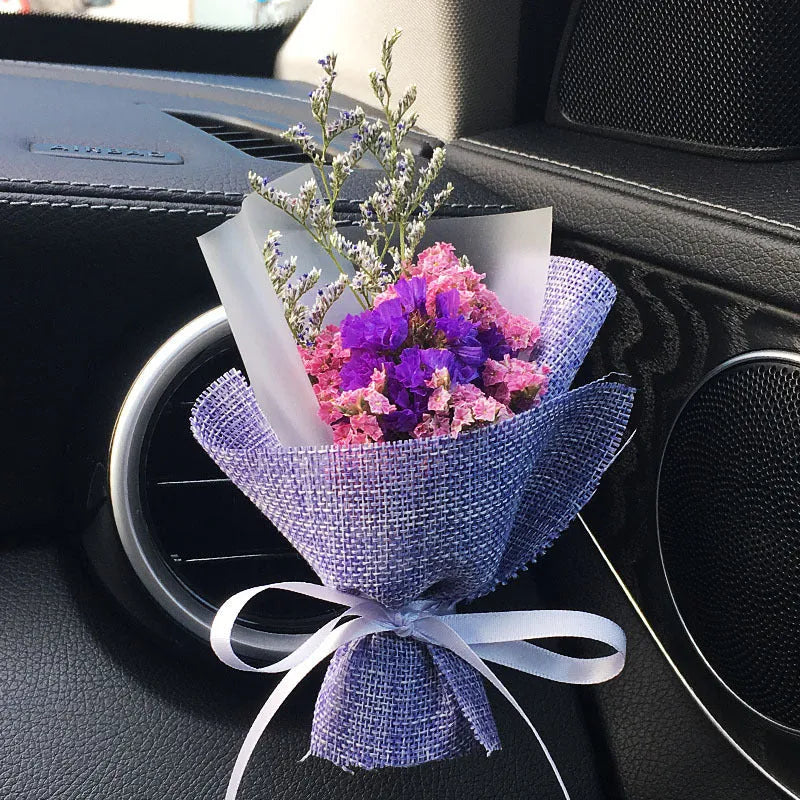 Car vent mounted dried flower bouquet decorative accessory in various floral styles