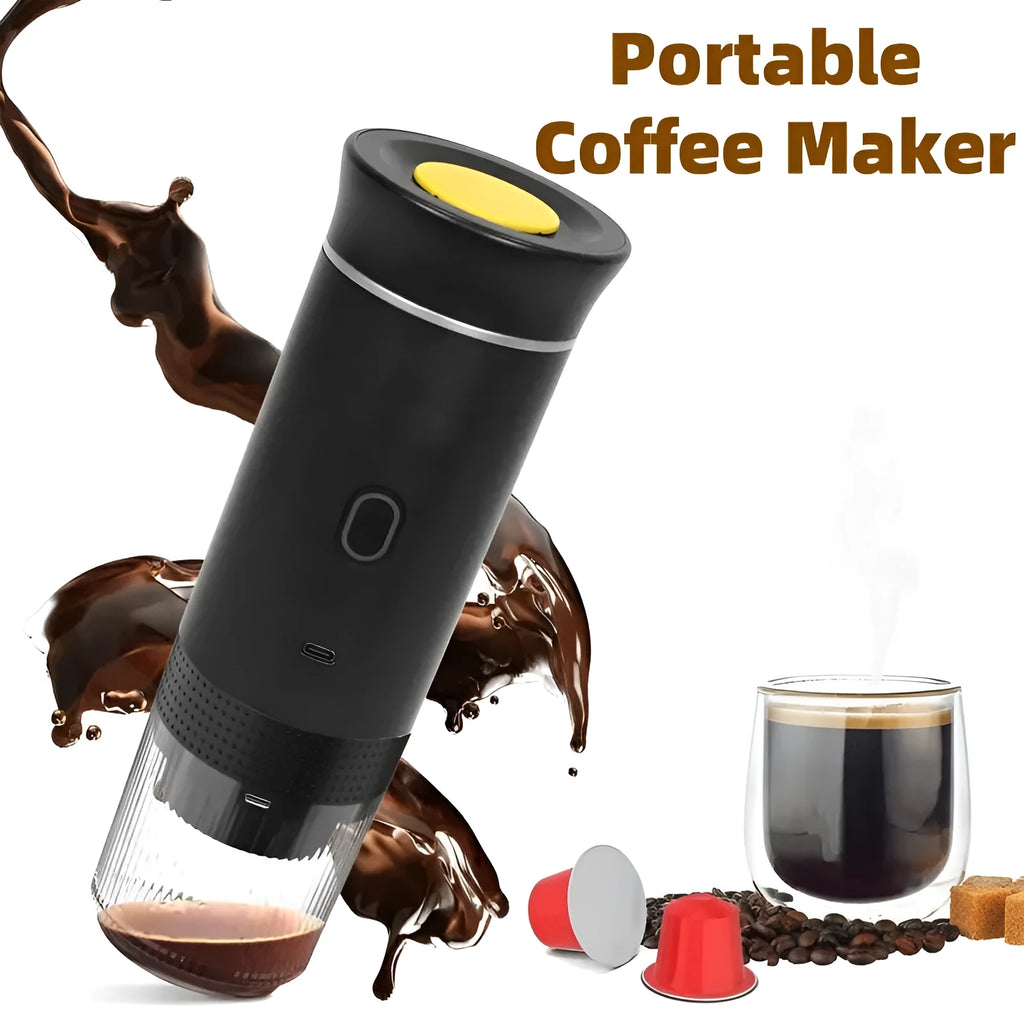 Portable white espresso machine with USB cable on a wooden table