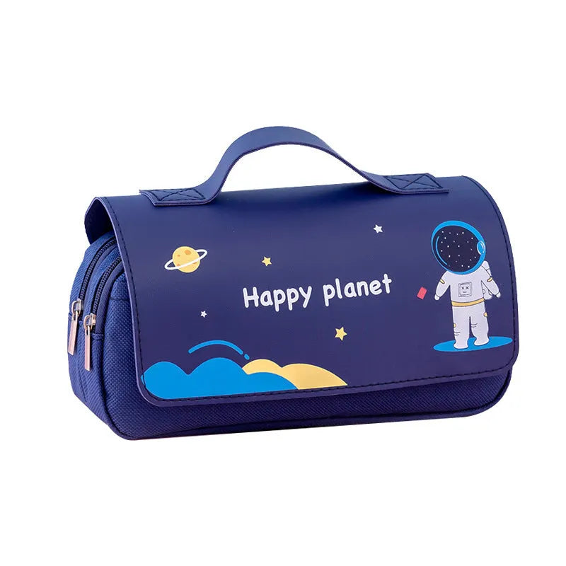 Large-capacity canvas pencil case with hand-painted planet pattern in blue