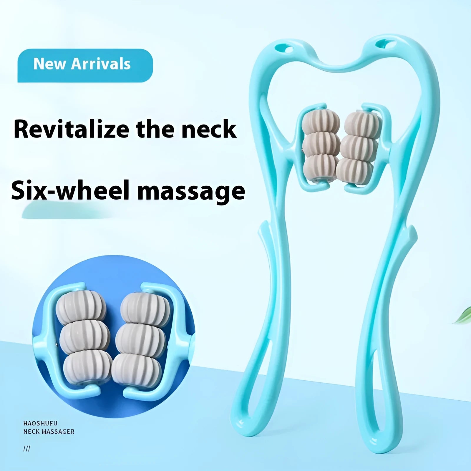 Blue handheld plastic massager with six rotating wheels for neck, shoulder, and waist.