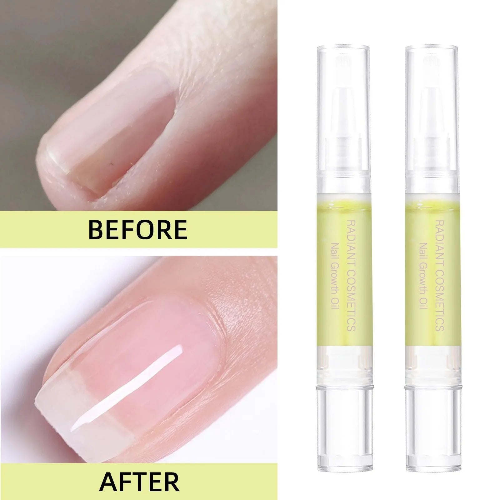 Small 3ml bottle of clear nail growth treatment oil on a white background.