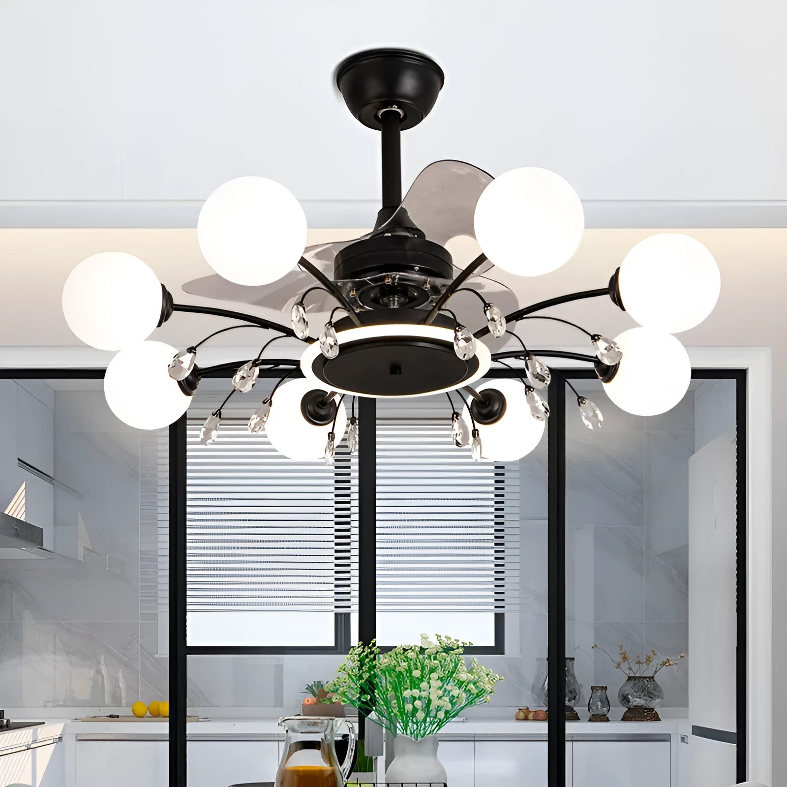 Black and gold ceiling fan lamp chandelier with acrylic shade and metal blades