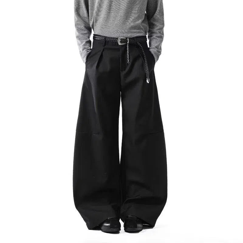 Men's loose casual wide leg pants in black, high waist, cotton blend fabric