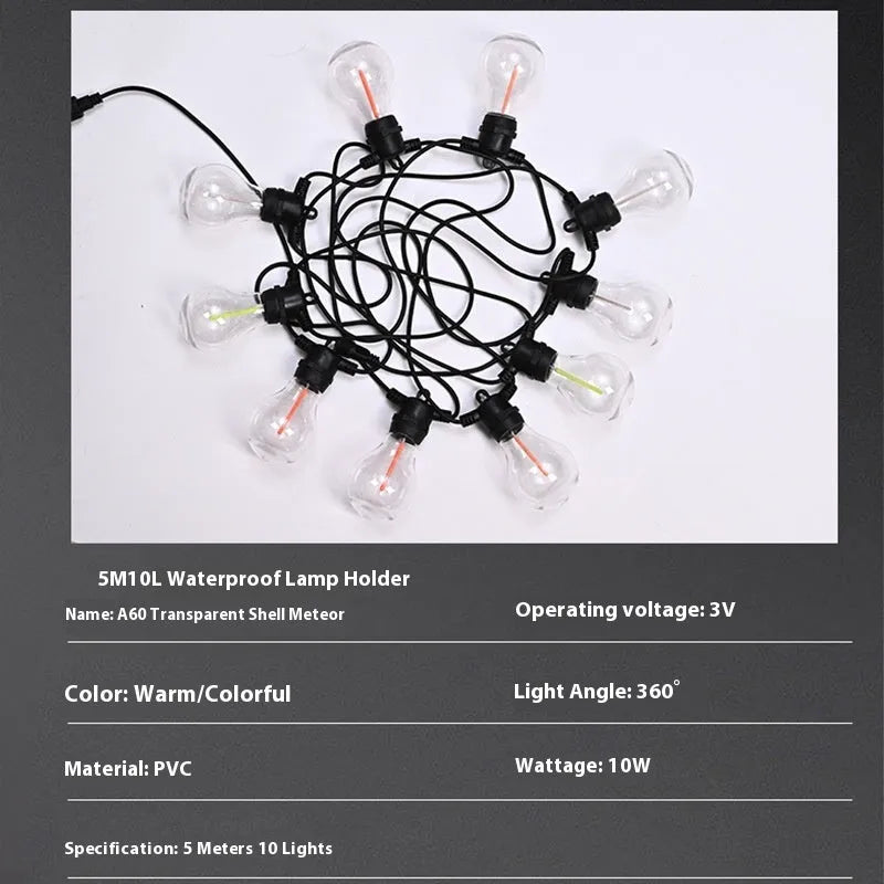 Outdoor decorative string lights with 10 A60 transparent case meteor bulbs on 5 metre waterproof cord