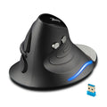Black wired vertical ergonomic mouse with snail-type shape and 1.8-metre USB cable on a desk