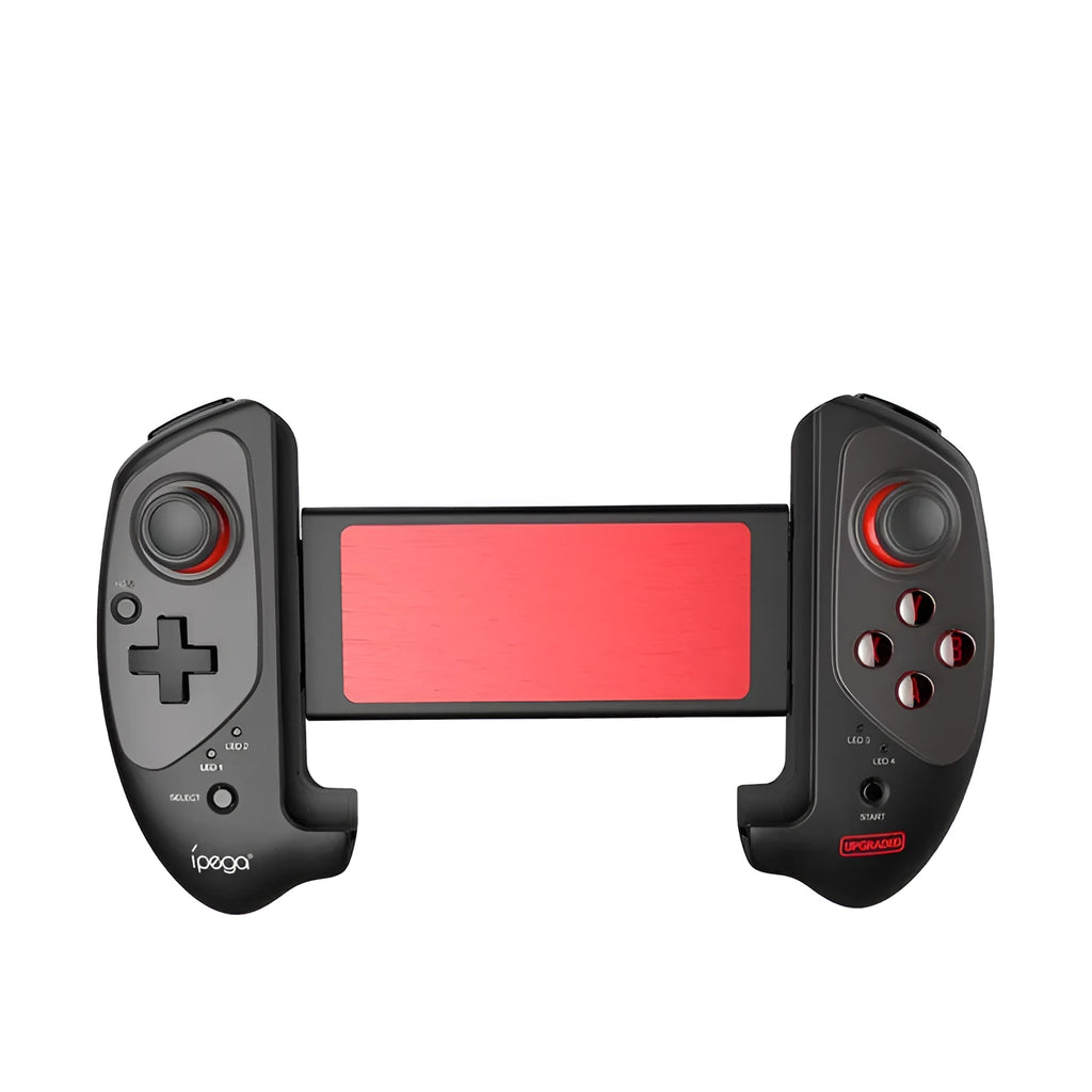 Red telescopic Bluetooth gamepad extended to hold a smartphone with USB cable