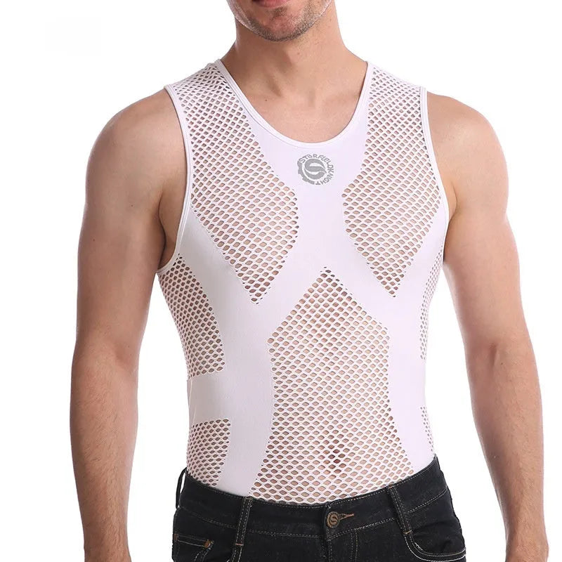 Men's solid white spandex mesh top with sweat-wicking function, shown in sizes L to XXXL