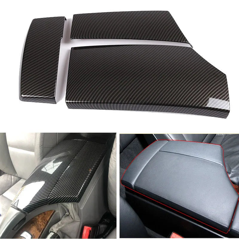 Set of three black ABS car armrest box protective covers with a diagonal carbon fibre weave pattern and shiny surface.