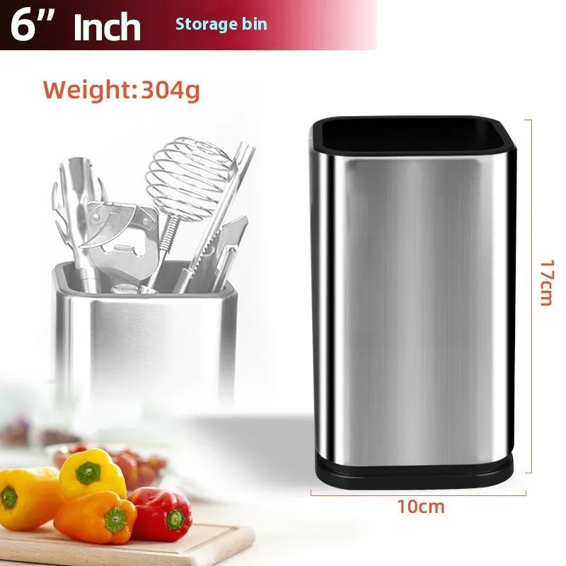 Stainless steel kitchen tool holder with detachable base, storing knives and utensils