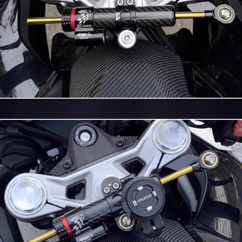 Titanium directional damper bracket kit for CFMoto 450SR motorcycle with carbon fibre finish