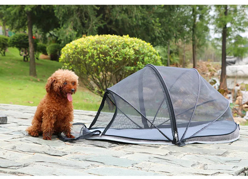 Portable folding cloth cat tent shown in blue half mesh variant, set up as a pet bed and travel cage.