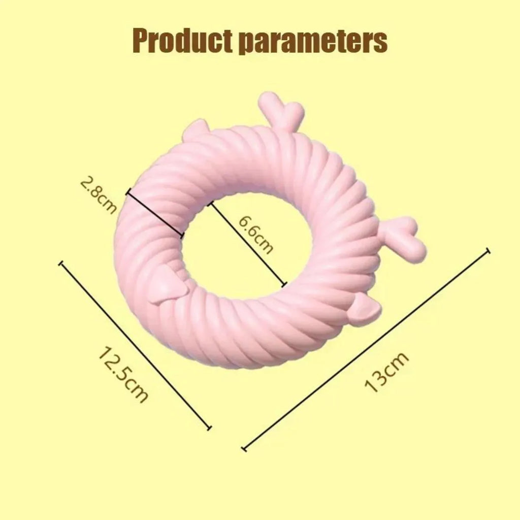 Deer-shaped blue dog chew toy with spiral grooves for teeth cleaning, shown next to a measuring tape indicating its 13cm size.