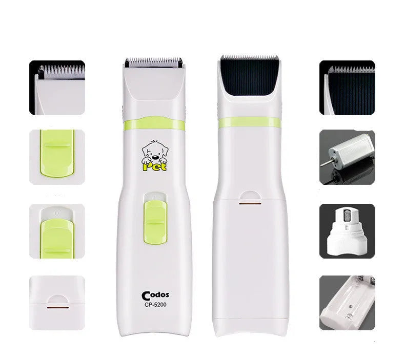 White pet grooming kit with electric hair trimmer, nail polisher, replacement head, lubricant, and small brush