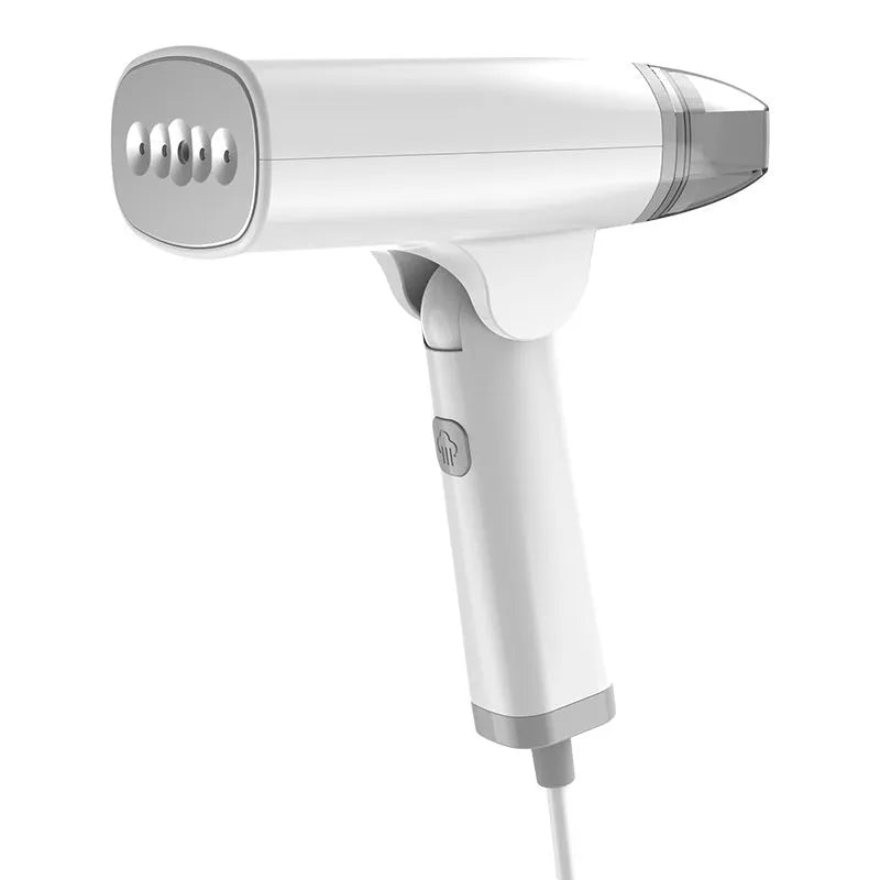 Blue and white handheld garment steamer with water tank and power cord.