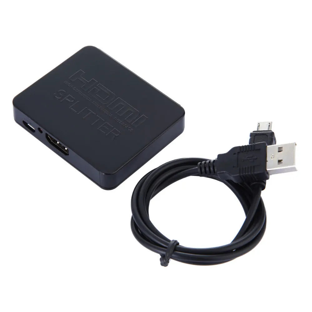 Black mini HDMI splitter with 1 input and 2 outputs, supporting 1080p, HDMI 1.4, HDCP, 3D and CEC