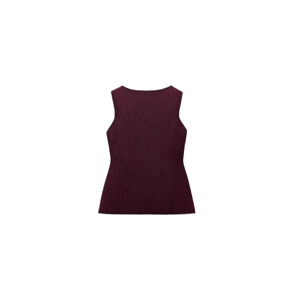 Dark red slim fit sweater vest with gold buttons and 3D patterns, sleeveless cardigan design