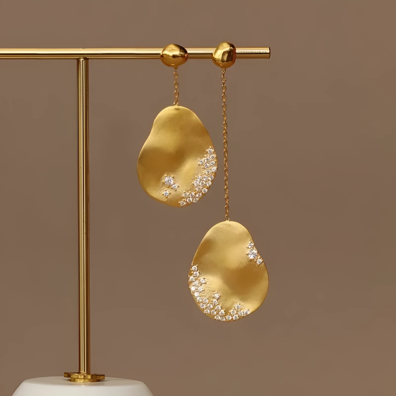 Asymmetric gold-plated floral earrings with zircon stone mosaic accents in Chinese style design