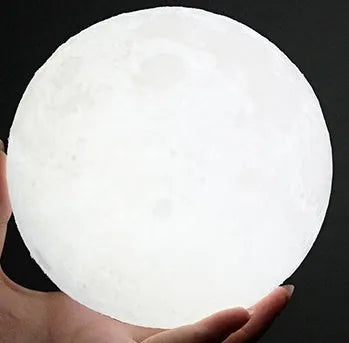 3D printed moon lamp showing detailed lunar surface with wood holder and touch control ring