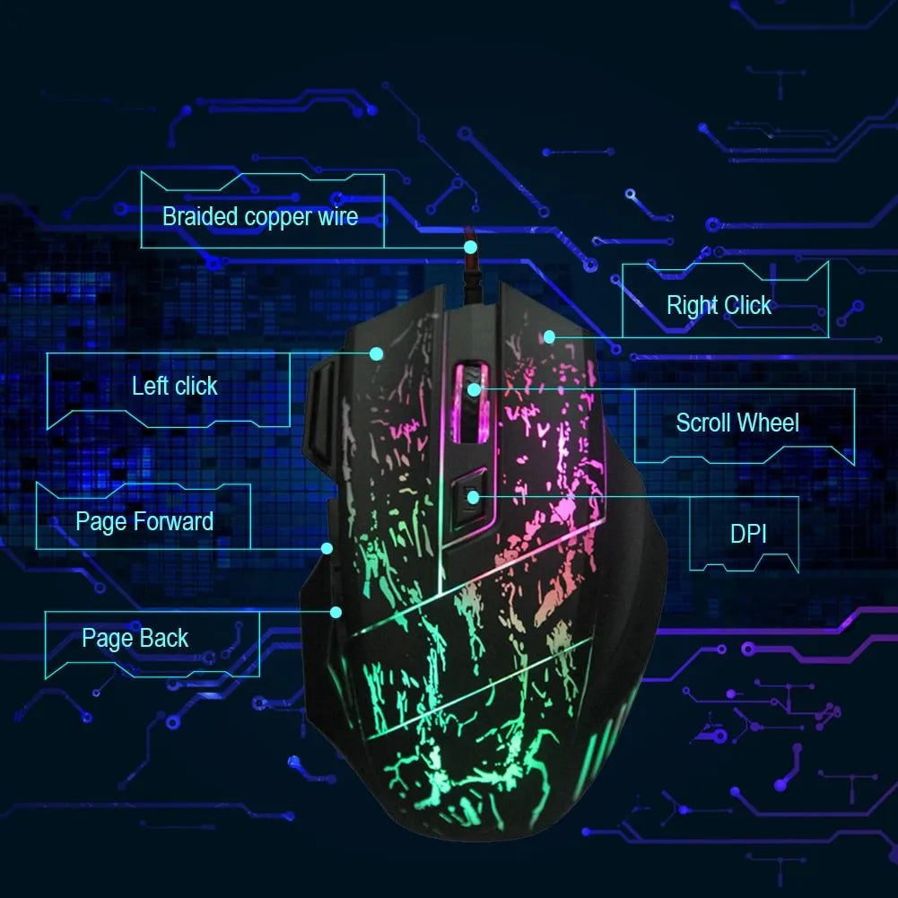 Black wired optical gaming mouse with transparent shell and luminous glow on a desk