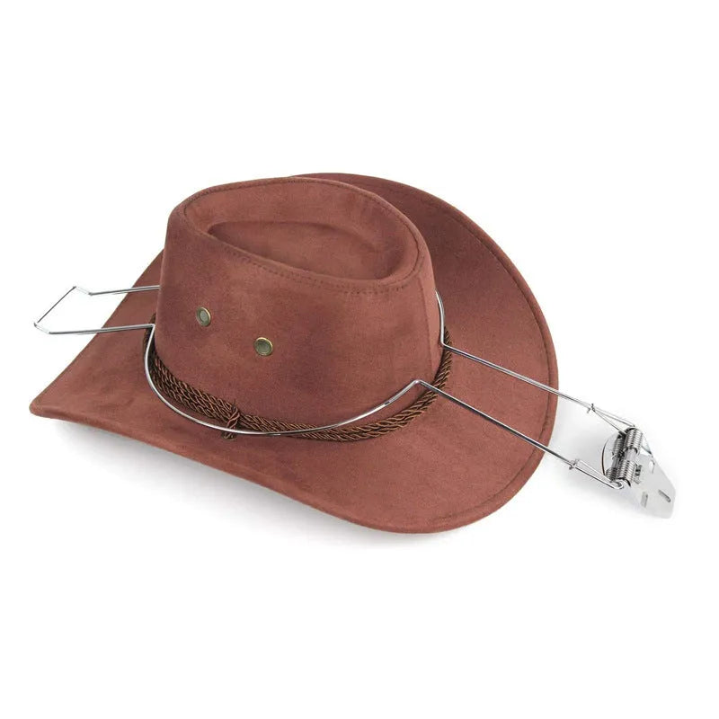 Brown metal hat stand with a chrome finish for coats and hats.