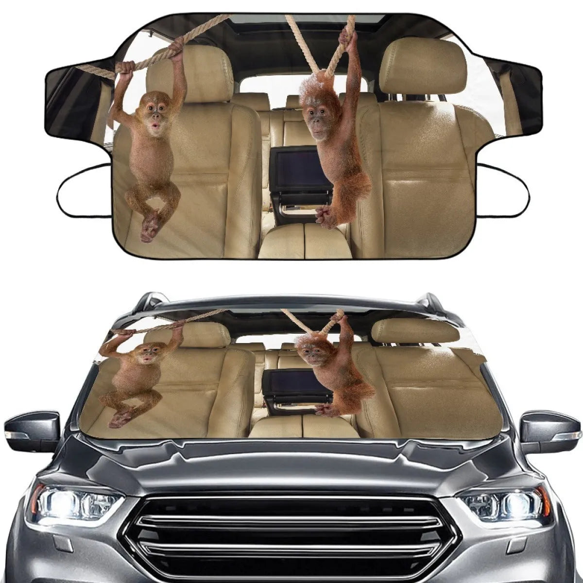Car snow protection cover with front gear made from silver aluminium film fabric, shown with lanyard ties.