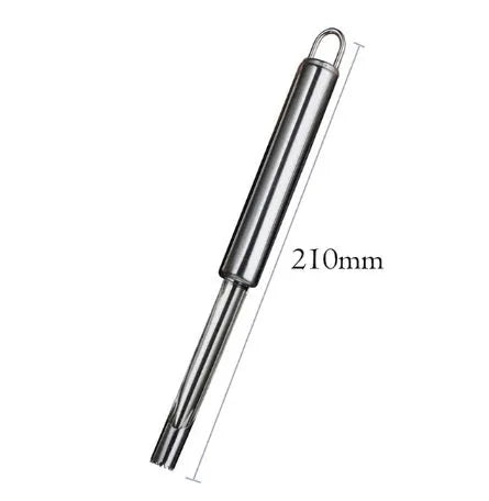 Stainless steel pineapple corer-slicer with black ABS handle, 18cm height, on white background
