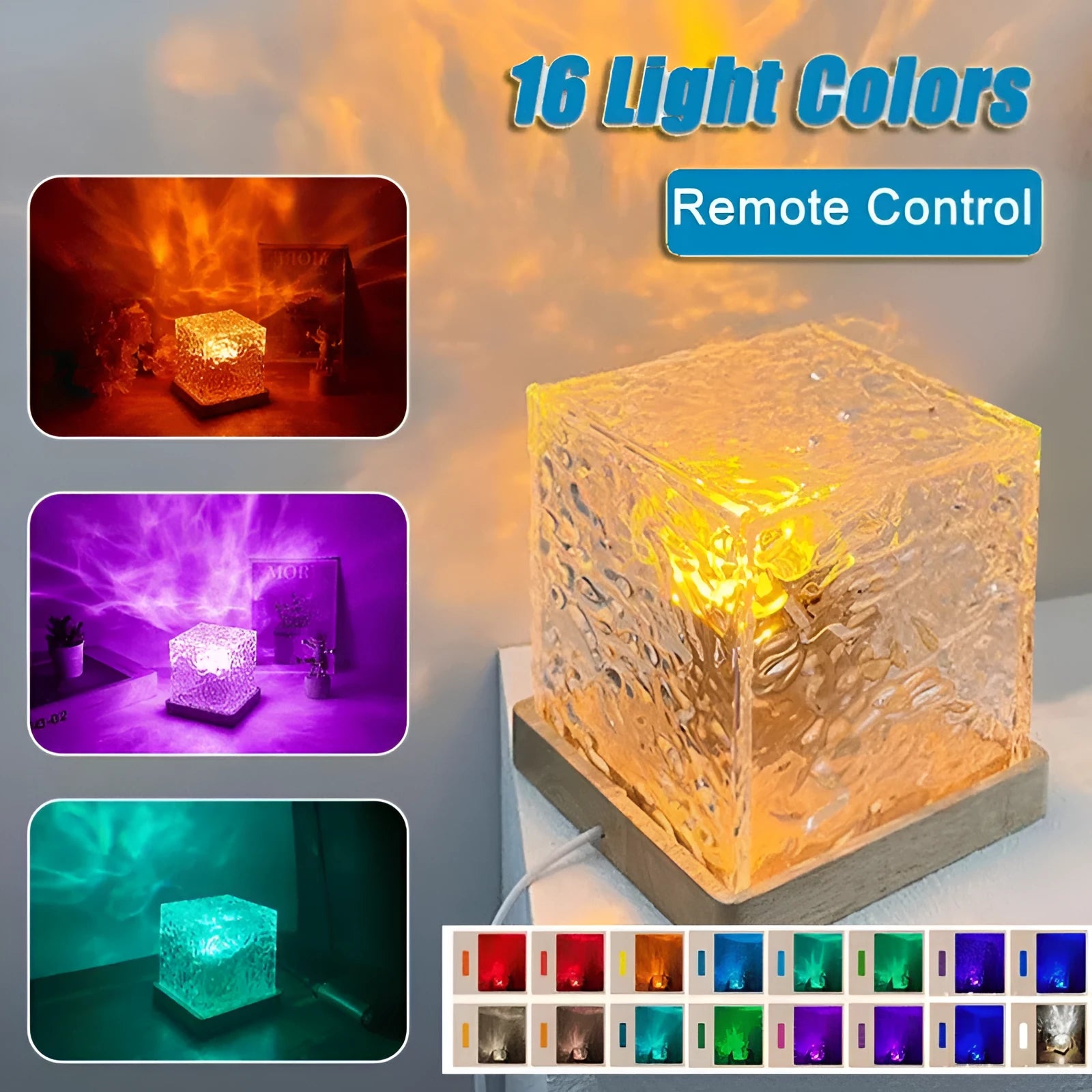 Rotating crystal table lamp projecting blue water ripple light pattern on wall