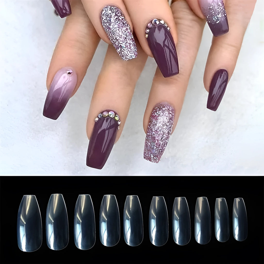 500 transparent natural ABS false nails in 10 sizes, clear and natural colour options, 50 pieces per bag