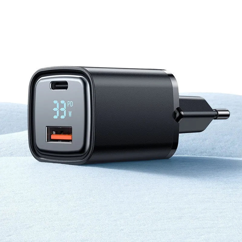 Dual-port digital display fast charging charger in black with USB-A and USB-C ports, 81x33x28mm