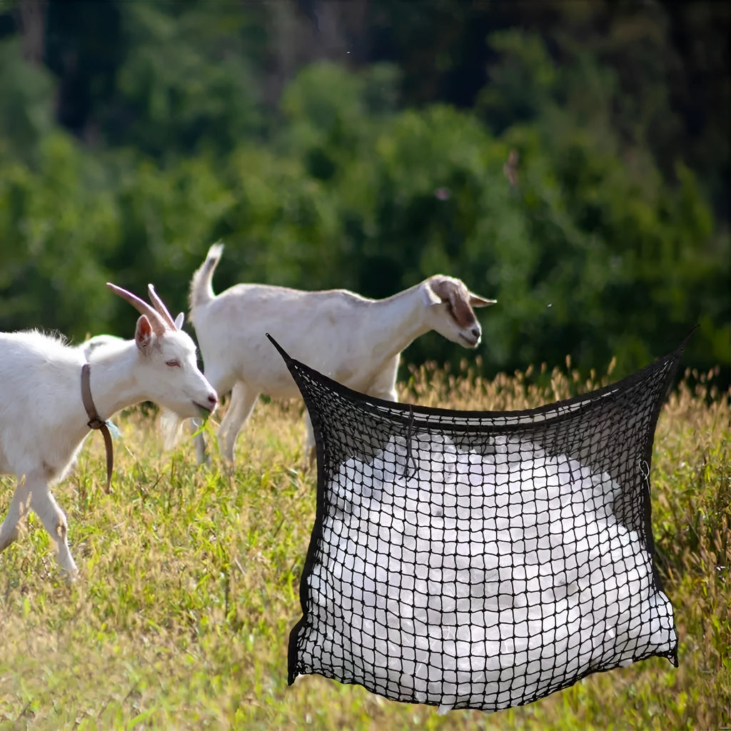 Woven polyethylene rope horse feeding bag with grid design in black colour