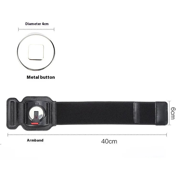 Sports mobile phone arm bag in black with phone inserted showing adjustable strap and waterproof construction