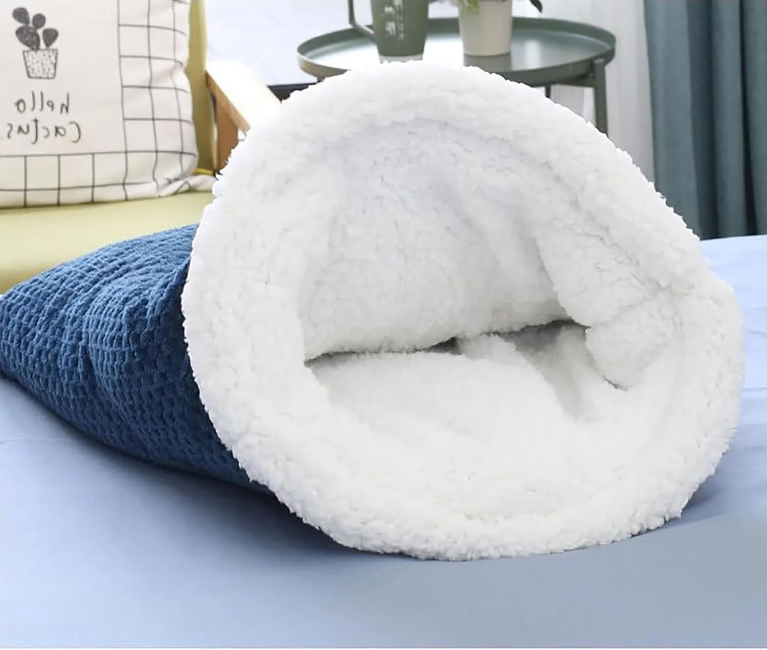 Gray cat winter sleeping bag with removable crinkle sack semi-enclosed cave for cats up to 6kg, 50x47cm bag body