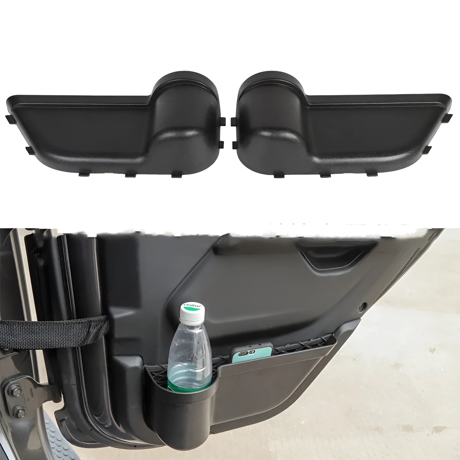 Black ABS plastic door storage organiser for Jeep Wrangler JK and JL models