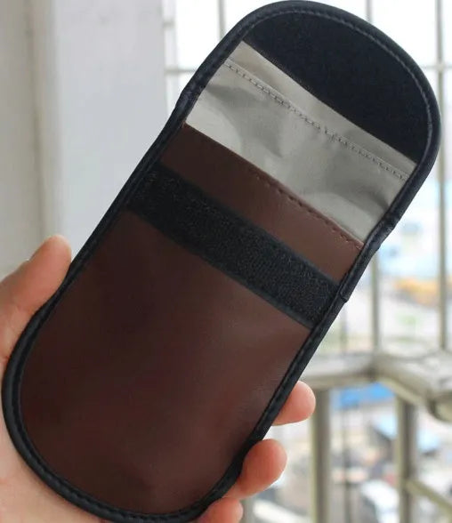 Black microfiber RFID shielding bag for car keys and credit cards, shown with dimensions.