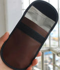 Black microfiber RFID shielding bag for car keys and credit cards, shown with dimensions.