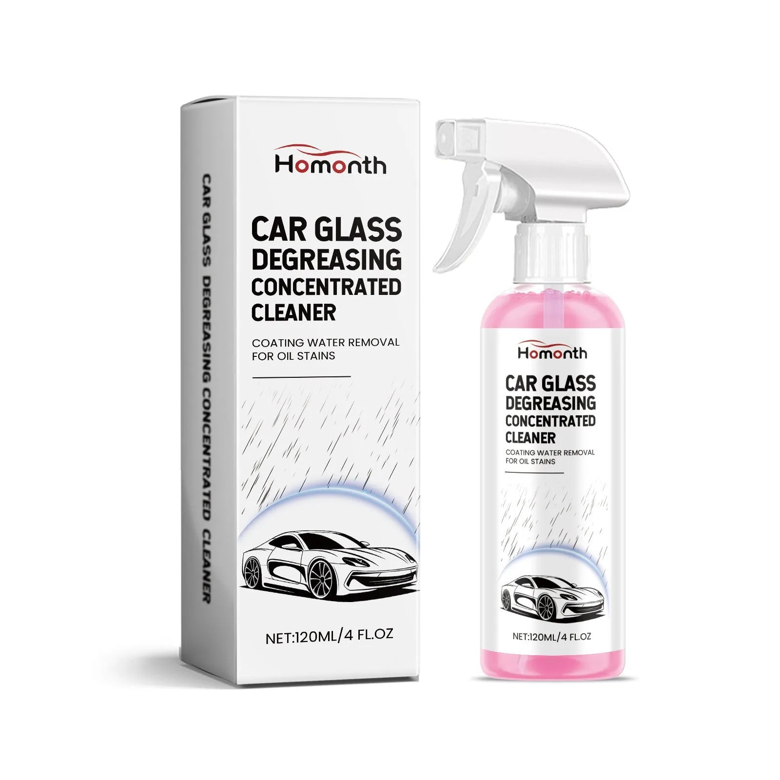 Car glass cleaner 120ml bottle with surfactant, penetrant, and preservative ingredients, 4.3x19.8cm size for auto glass