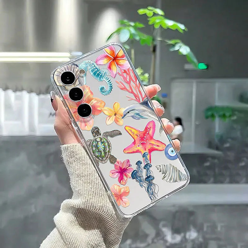Transparent iPhone case with painted dolphin and turtle design for Apple models