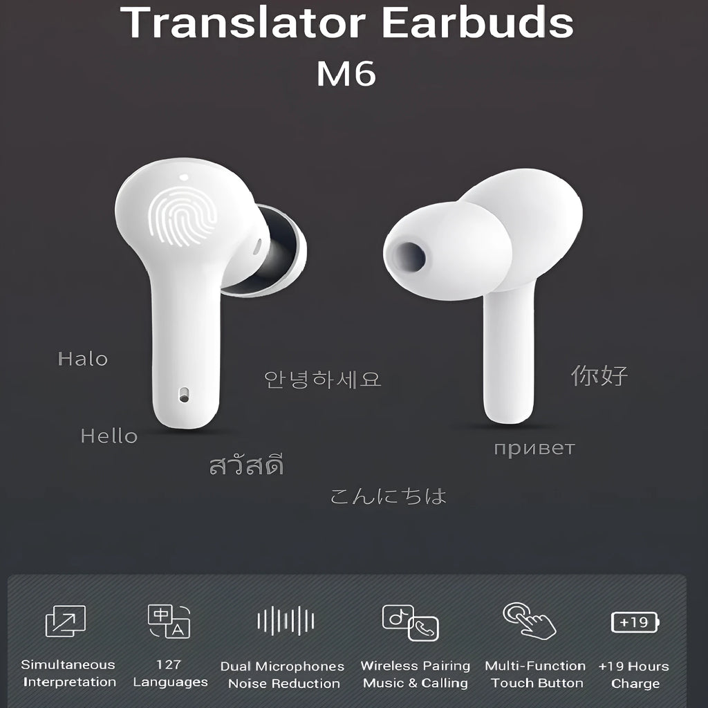 M6 Smart Bluetooth Translation Headphones in black and white with touch control and 127 language support