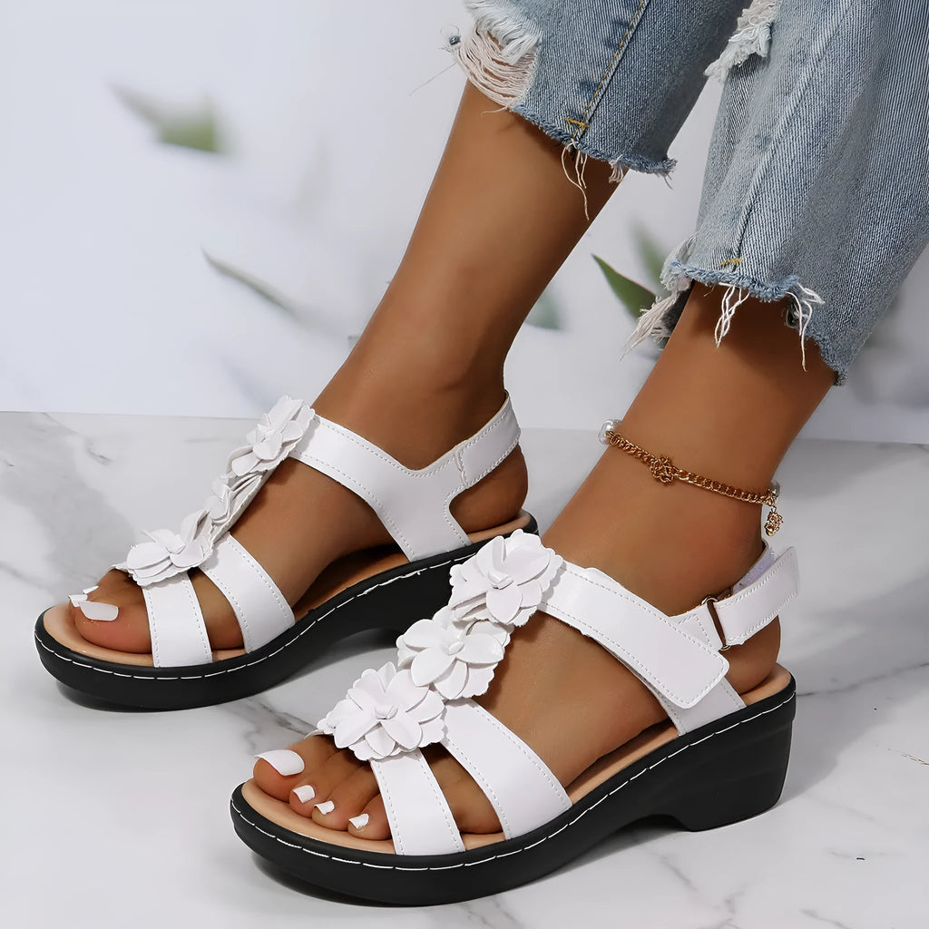 Women's fish mouth velcro wedge sandals in white PU upper with adjustable strap