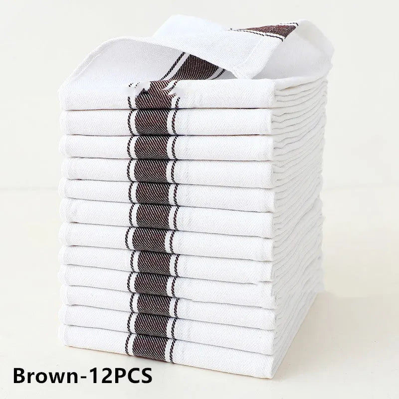 Set of 12 striped polyester cotton dish towels in multiple colours including black, blue, brown and yellow