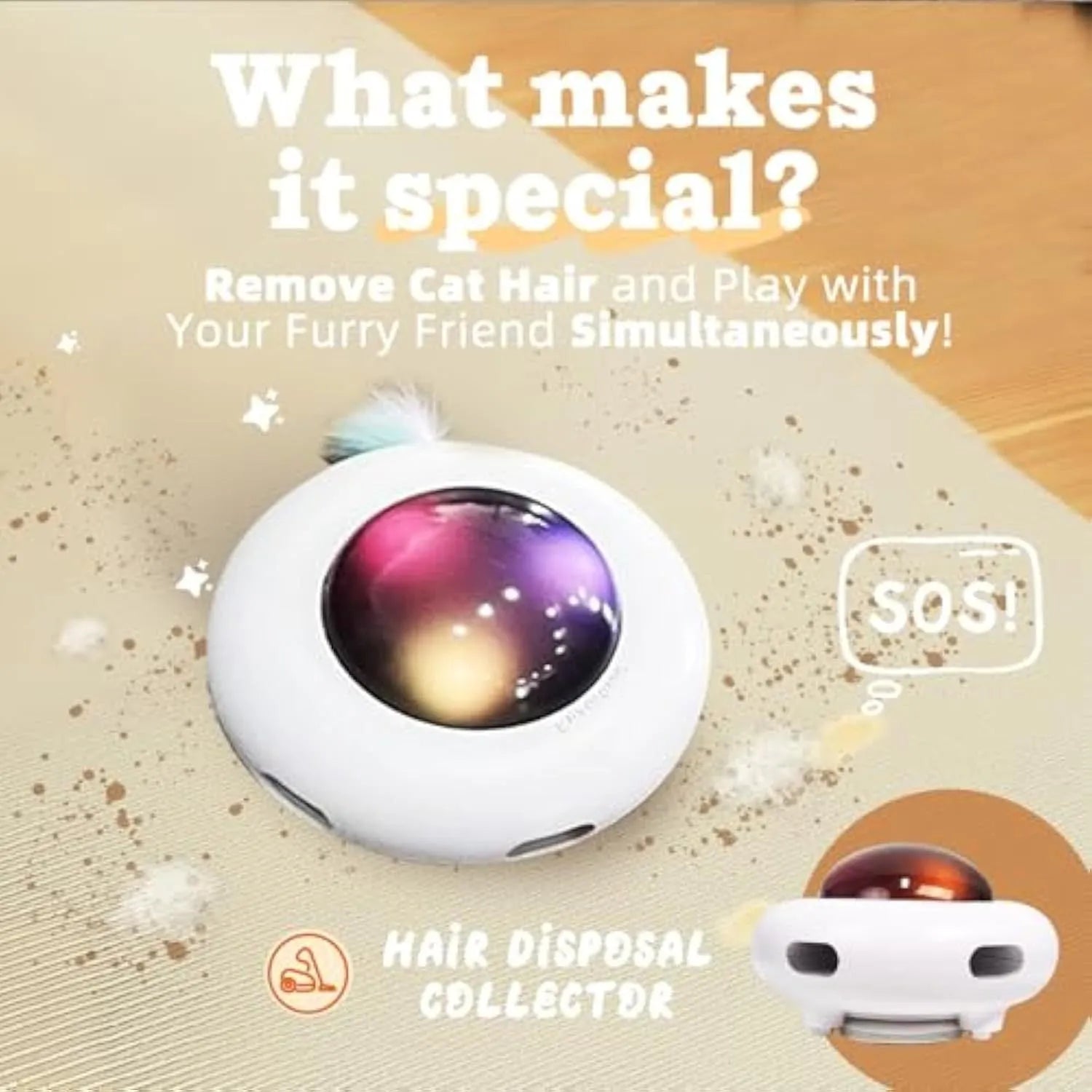 White automatic cat toy with colourful feathers and LED lights for indoor play