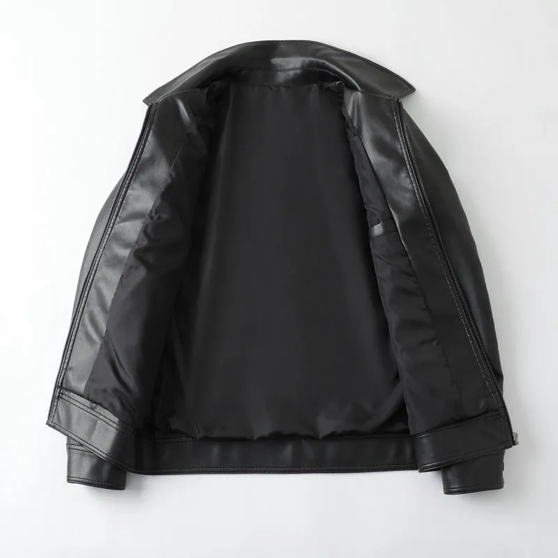 Men's black PU leather casual jacket with zipper pockets and loose fit