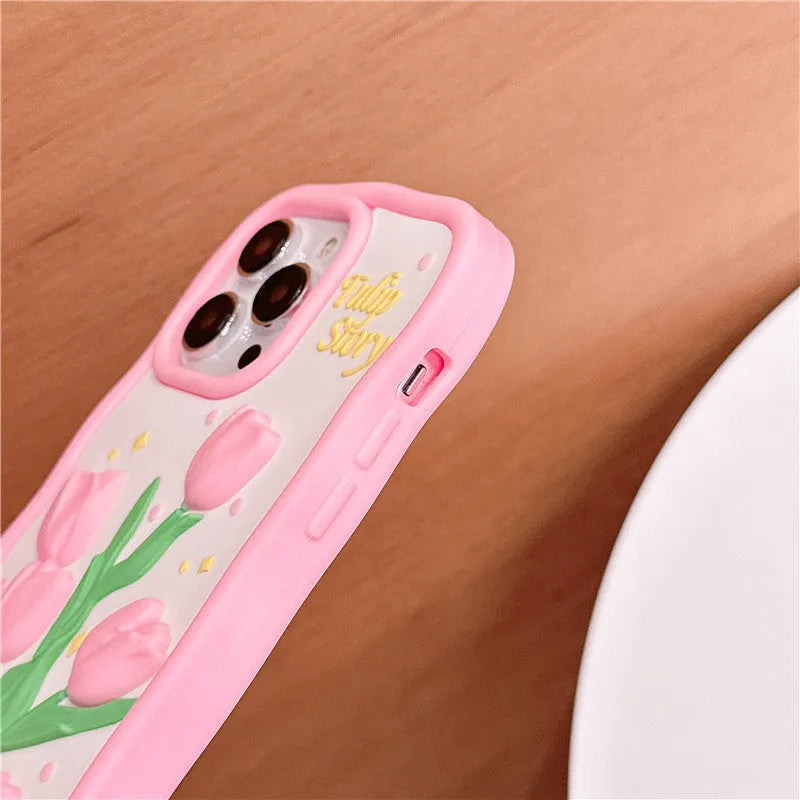 3D tulip silicone iPhone case with frosted finish, pink and colour matching, fall protection cover