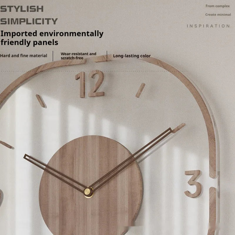 35cm transparent wooden frame wall clock with modern design on wall