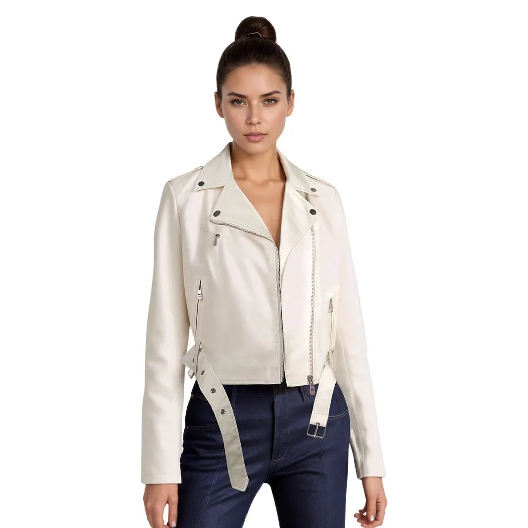 Red women's PU leather motorcycle jacket with lapel collar and front belt on a hanger.