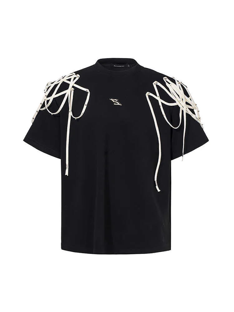 Black loose-fit short-sleeved T-shirt with ribbed padded shoulders on a hanger.