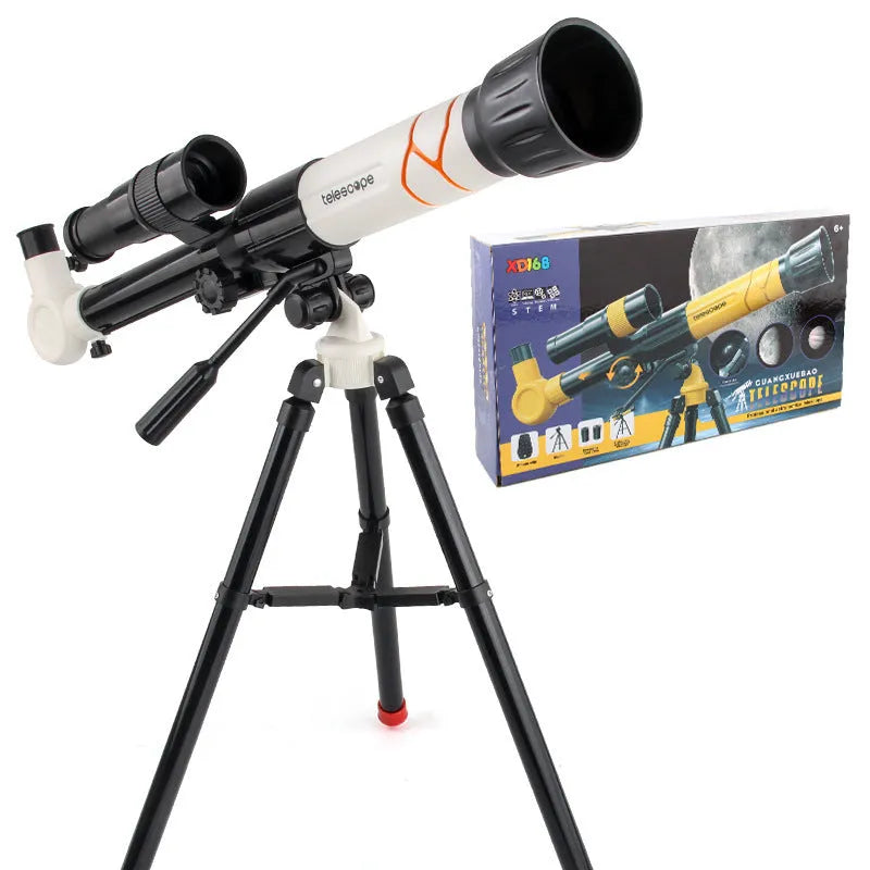 White or yellow plastic astronomical telescope with tripod for kids astronomy beginners