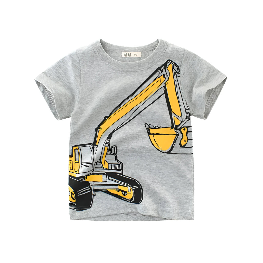 Children's cotton T-shirt with cartoon print in flower ash colour, short sleeves and round neck