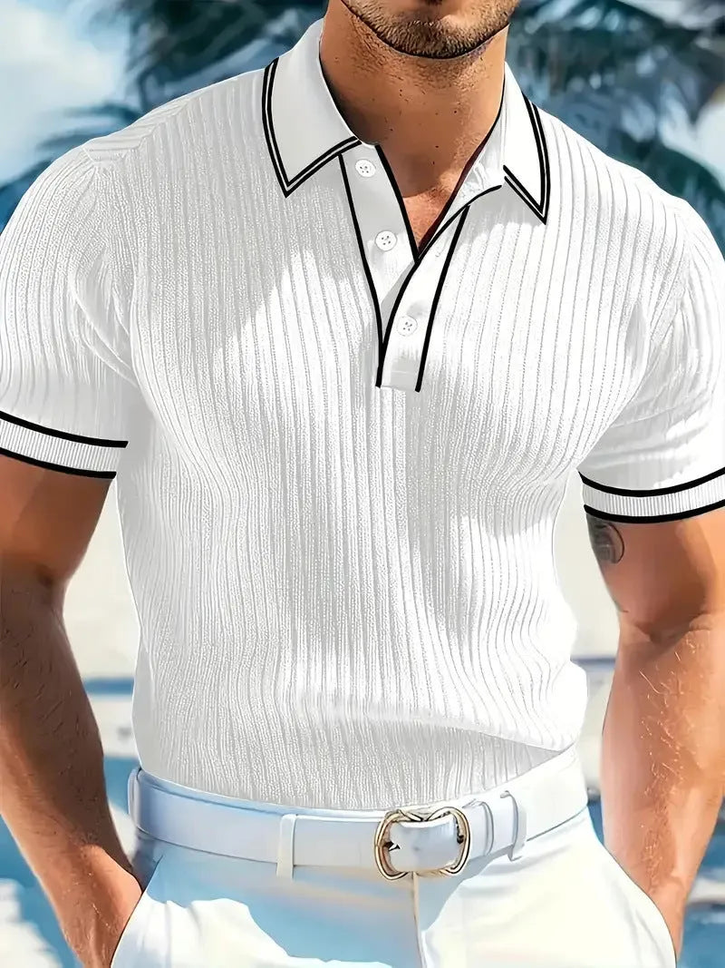 Men's loose fit striped polo shirt in chemical fibre blend fabric, six colour options